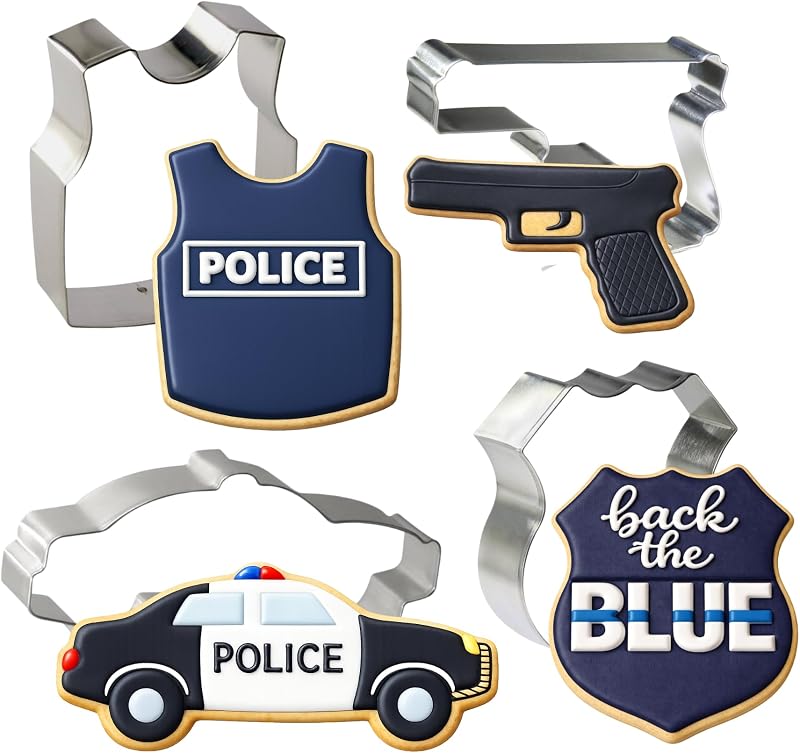 Cookie Cutters Police 4 Piece Set - 4.25 in Police Badge, 4 in Police Car, 4 in Hand Gun, 3.5 in Bullet Proof Vest, Hand Made in the USA