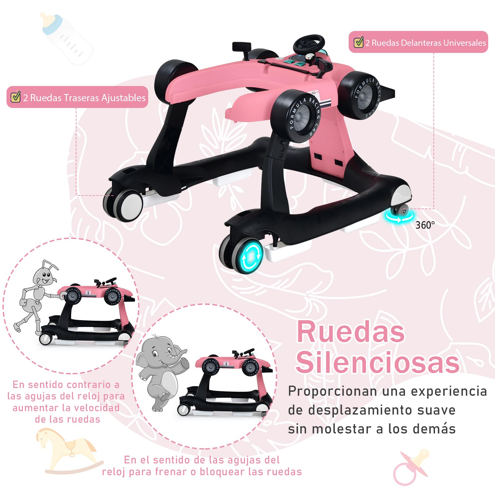 COSTWAY 4 en 1 Andador Bebes, Tacata Bebe Plegable con Altura y Velocidad Regulables, Carillón con Luces, Volante y Asiento con Cojín, Diseño Antivuelco, Caminador para Bebe de 6-18 Meses