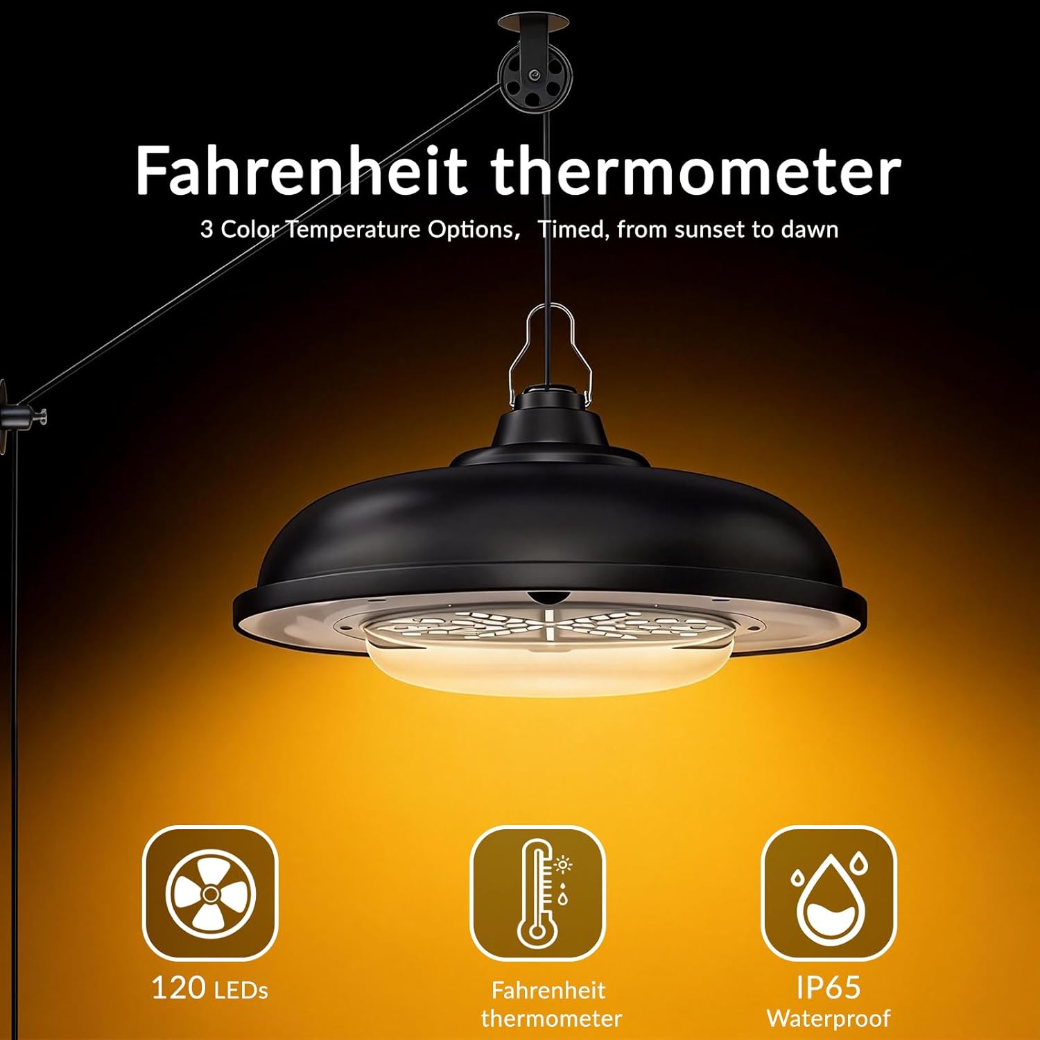 Vintage Solar Hanging Light with Adjustable Pulley & (°F) Digital Thermometer, 3-Color Dimming Industrial Shed Light, Waterproof Solar Powered Lamp for Barn, Chicken Coop, Gazebo