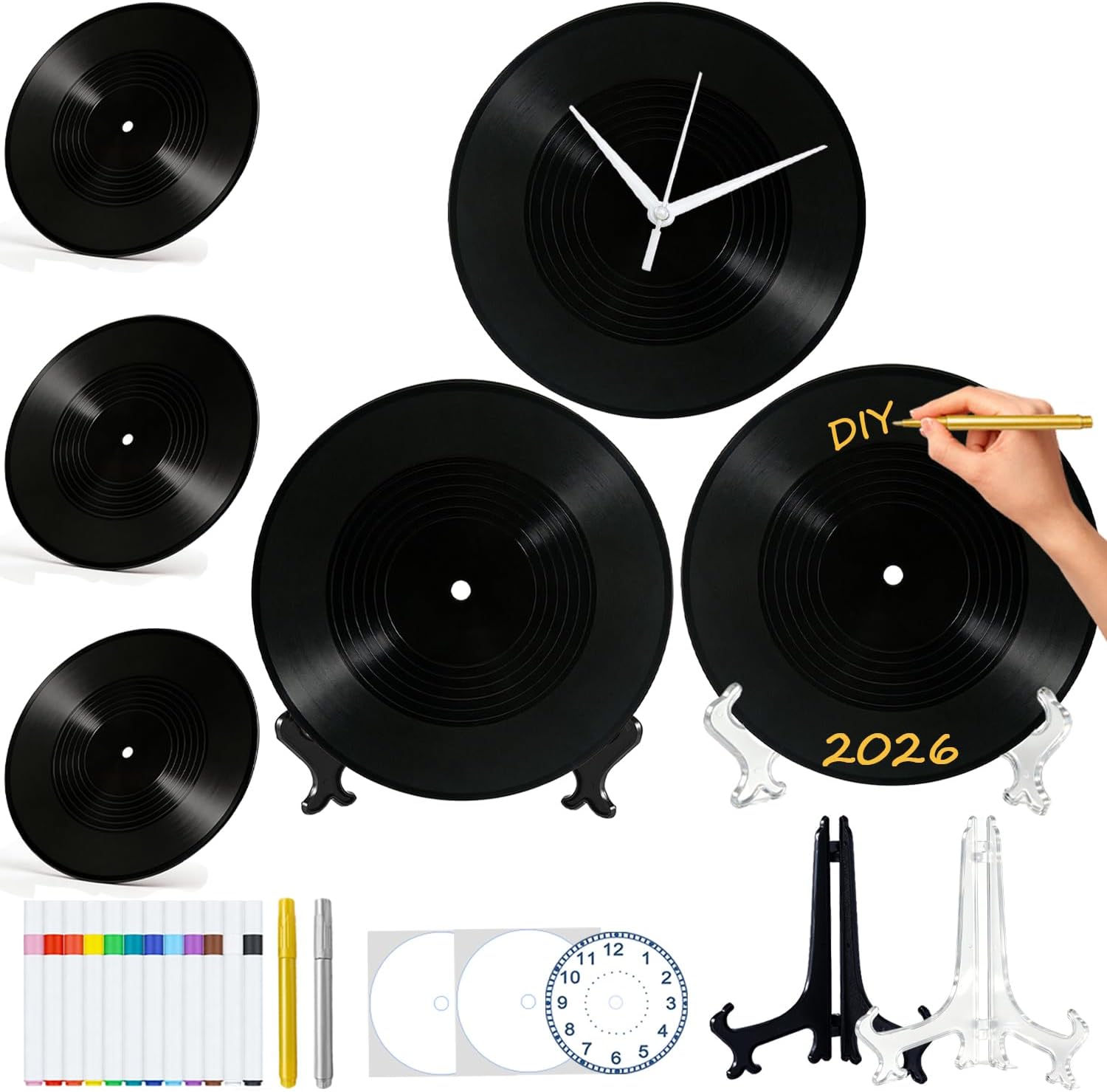 12 Inch Blank Vinyl Records Kit - 3PCS Double-Sided Fake Records with 2 Blank 1 Clock Labels, 14 Pens, Wall/Shelf Decor, Guestbook Record Decor for DIY Weddings Birthdays Christmas