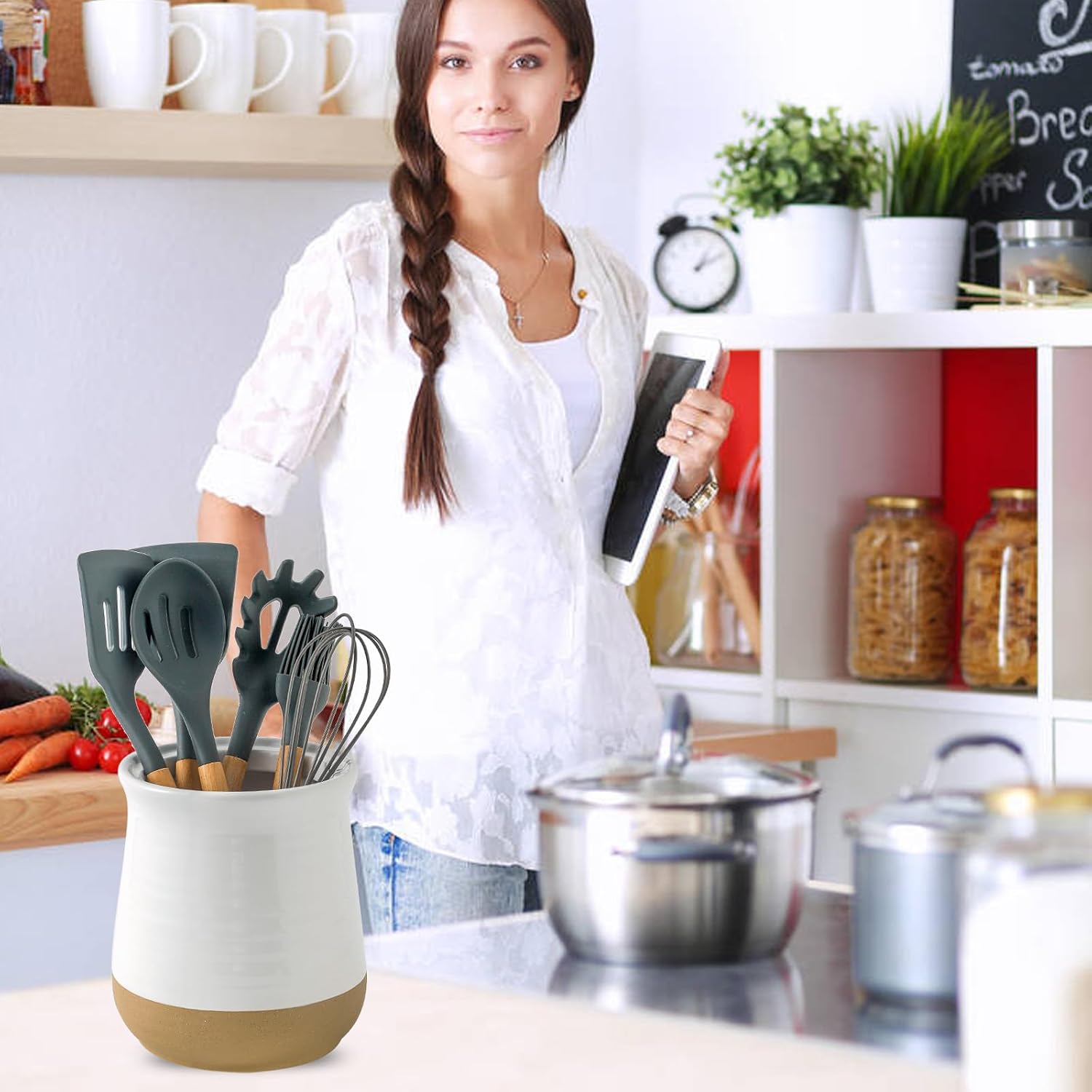 HASENSE Large Utensil Holder, White Cooking Utensil Crock for Kitchen Counter, 7.1" Ceramic Utensil Organizer Caddy for Kitchen Utensil Set, Vintage Decor for Gifts image 3