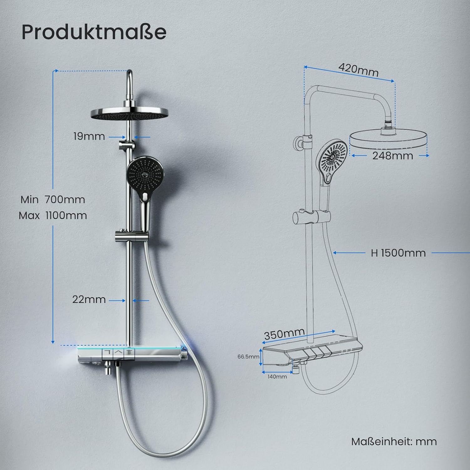 Technical diagram showing the dimensions of the EMKE thermostatic shower system, including height, width, and depth measurements in millimeters.