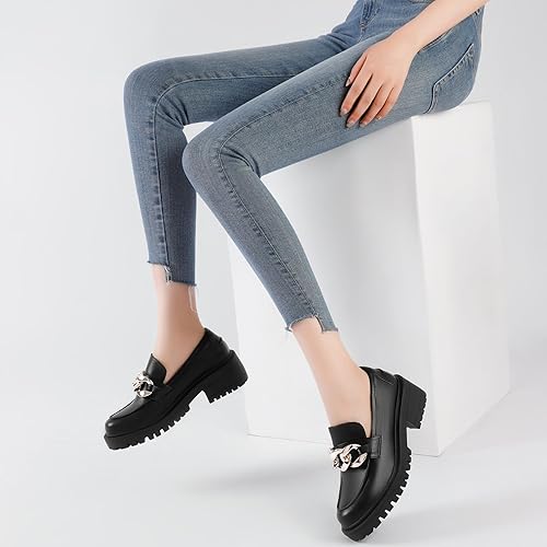 Miniatura 6 de Mostrin Mocasines de plataforma para mujer con cadena, puntera redonda, gruesos, zapatos de negocios con suela de lengüeta