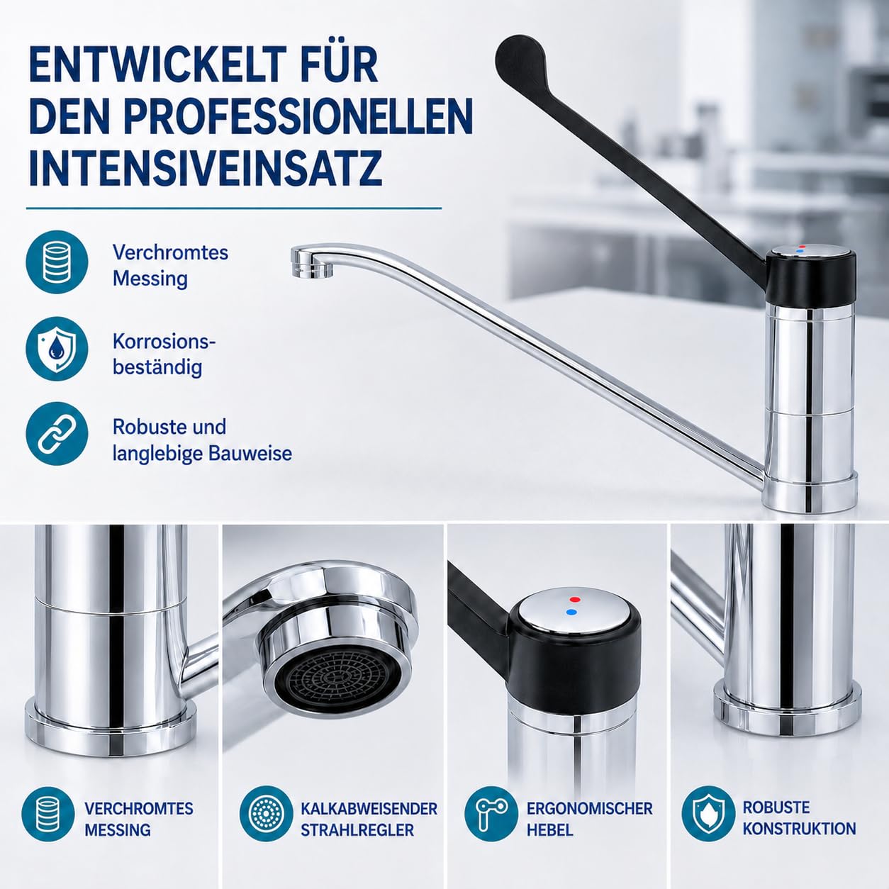 GOLDMAN SERVICE | Gerontologischer Einhebelmischer, langer Hebel 30 cm, 360° Auslauf, sanitäre und hygienische Kran für Krankenhäuser, Kliniken, Labors und professionelle Küche