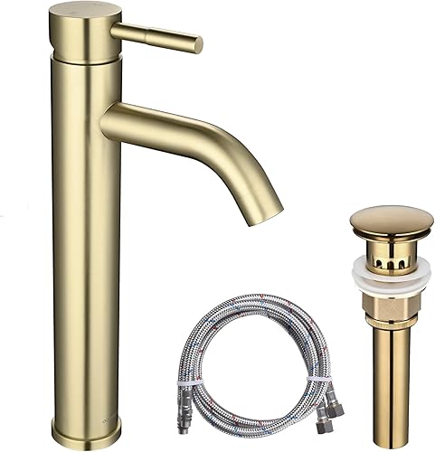 Aquaterior Grifo de lavabo de baño con una sola manija, mezclador de tocador con drenaje emergente, combo de boquilla alta, montaje en cubierta de