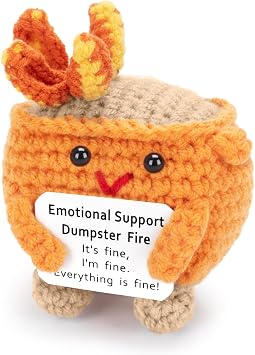 Emotional Dumpster Crochet Fire, Handmade Dumpster Doll with Positive Affirmations for Friends Decor Accessories Funny Gag Gifts Orange