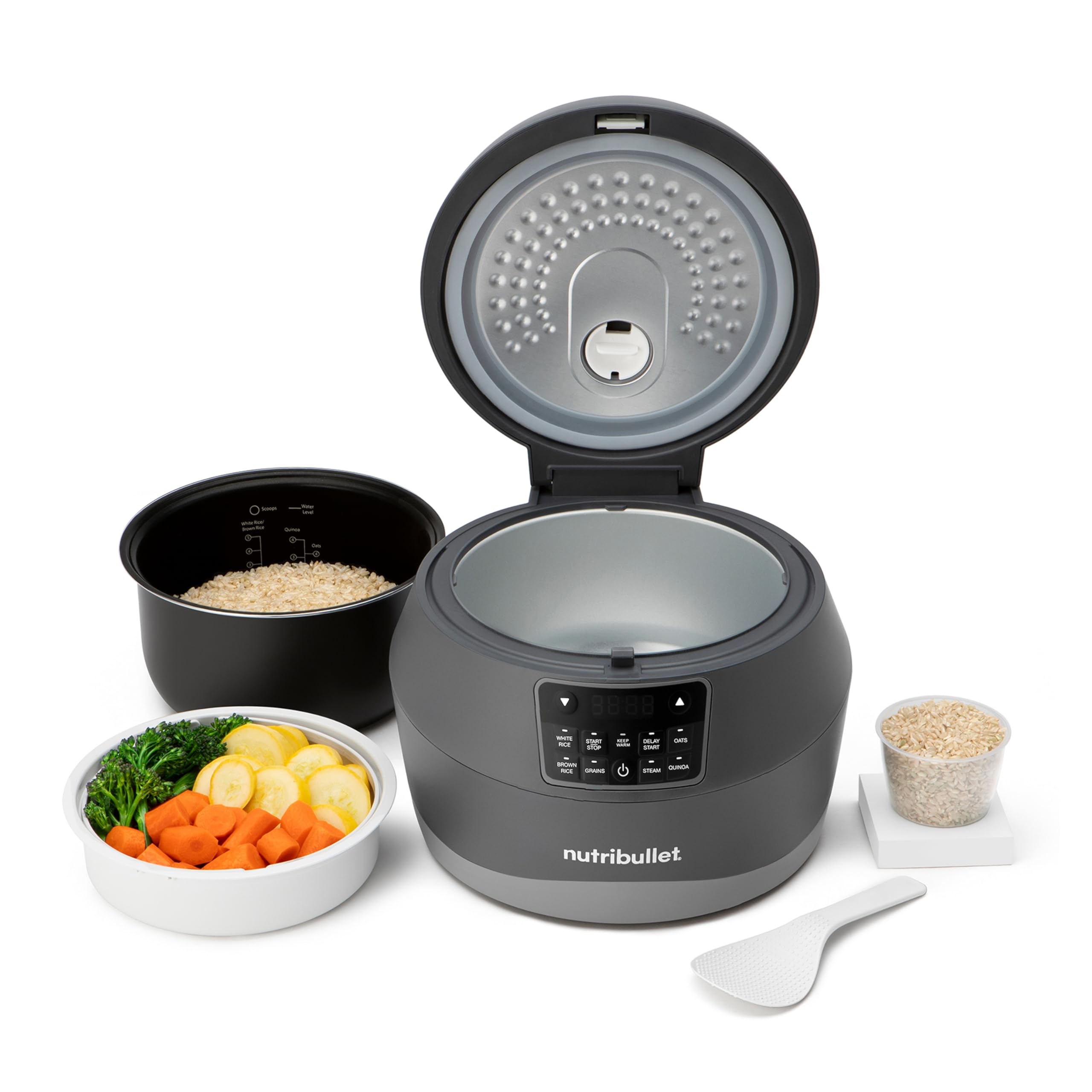 nutribullet EveryGrain Cooker - Cuociriso Multifunzione, Vaporiera Riso e Cereali, 10 Tazze, con 5 Programmi Automatici, Funzione Mantieni Caldo 12h, con Cucchiaio e Cestello, 600W, Grigio (NBRC605DG)