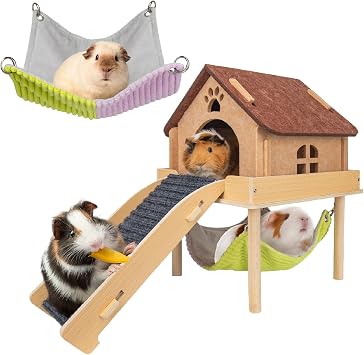 BESNEW 3 in 1 Enlarged Guinea Pig Hammock,Wooden Guinea Pig Hideout with House & Platform & Stairs Small Animal Toys for Hiding Sleeping Activities