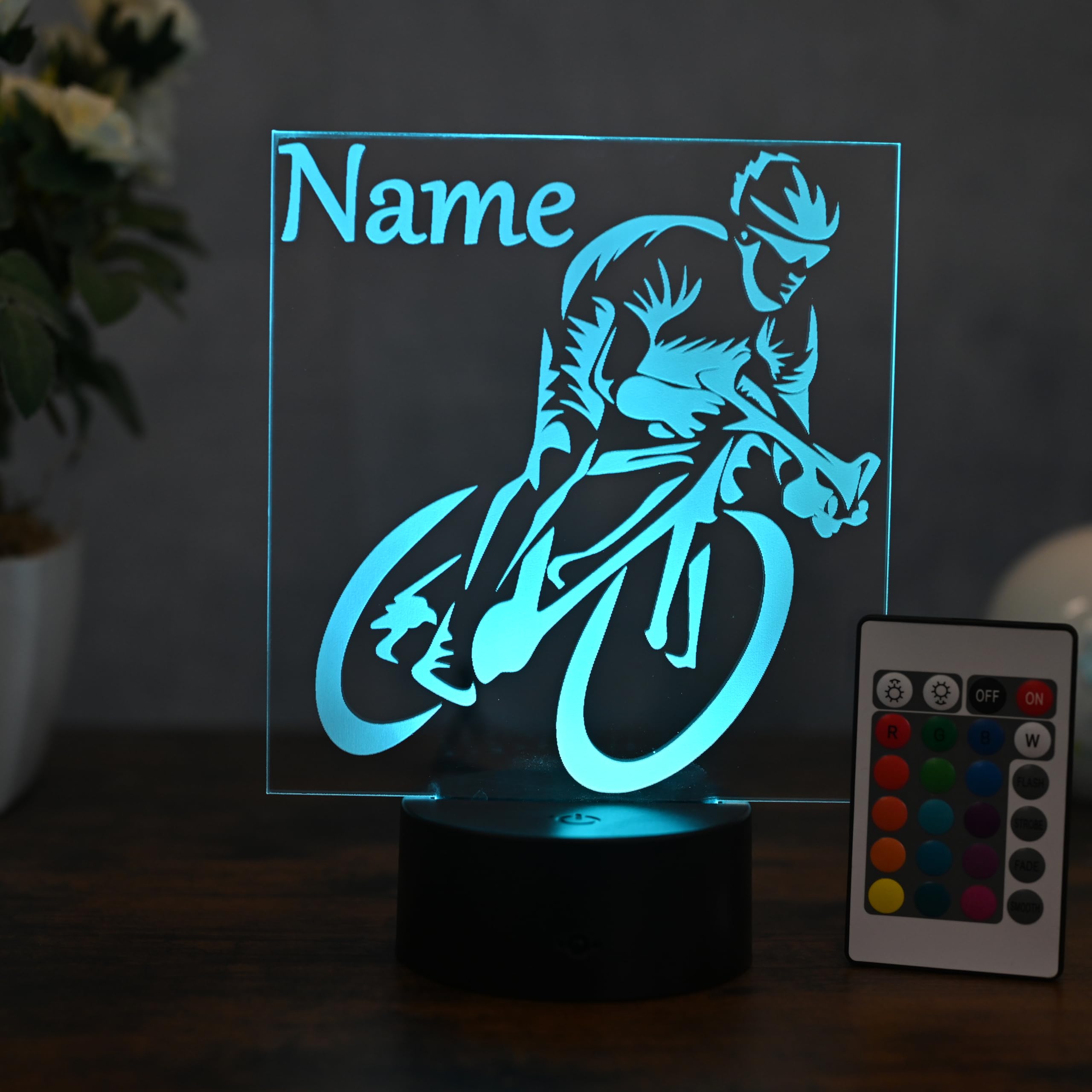 Personalisierte LED Rennradfahrer Lampe – Geschenk für Radfahrer & Sportbegeisterte – LED Nachtlicht & Tischlampe mit Farbwechsel & Fernbedienung