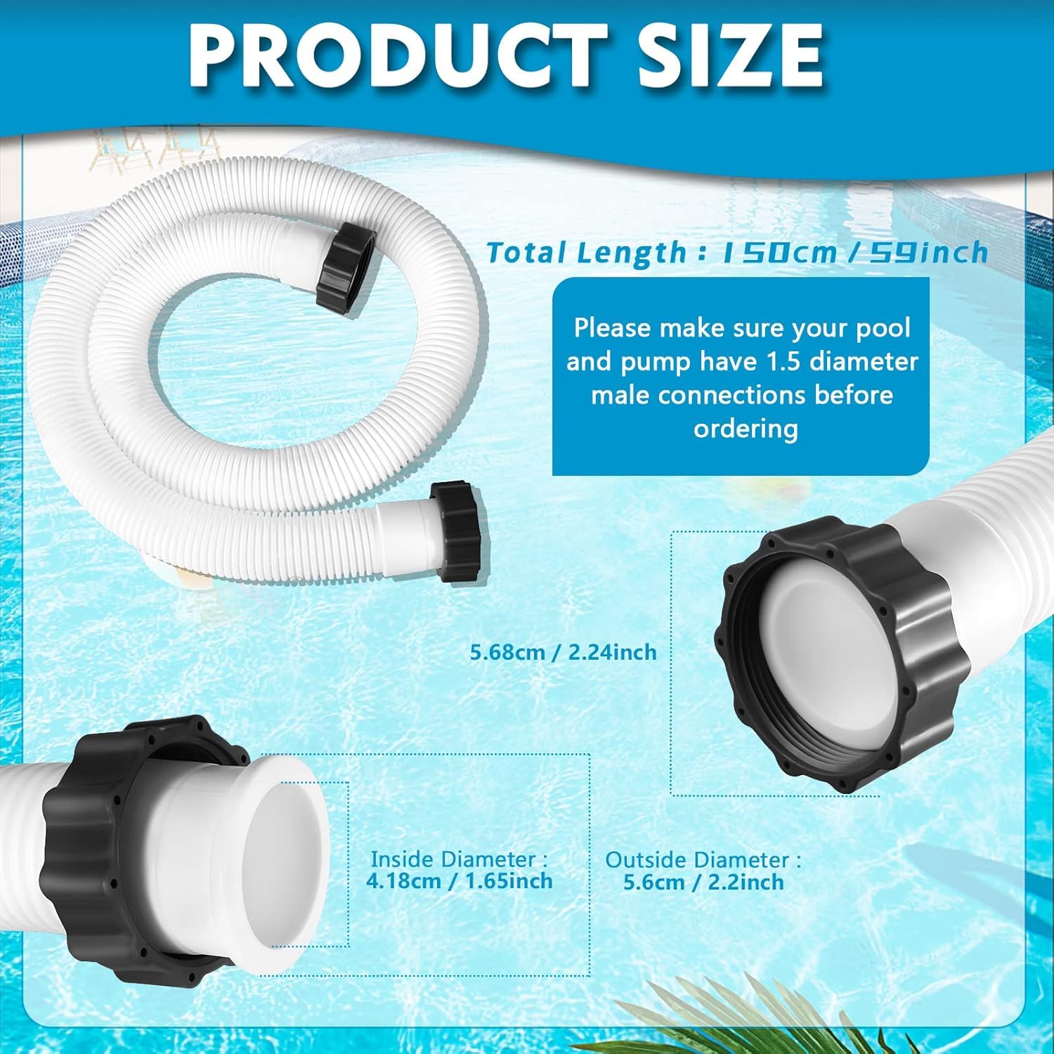 MEISO Tubo per piscina 38 mm, 150 cm, tubo di ricambio per piscina, tubo flessibile per pompa piscina e aspirapolvere, per pompa di filtrazione per Intex