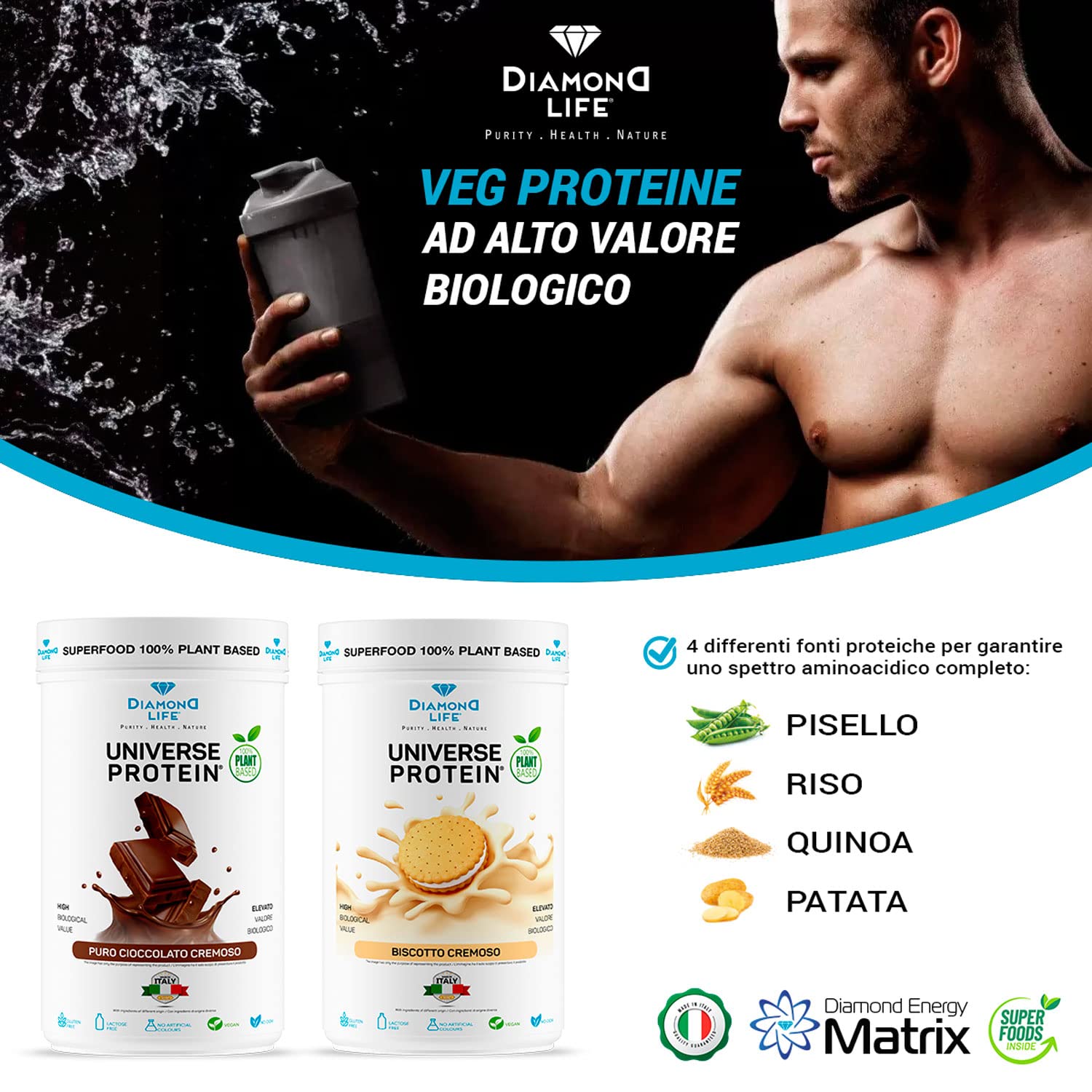 DIAMOND UNIVERSE PROTEIN - Proteine in Polvere Vegane (Pisello, Riso e Quinoa) 70% di Proteine ad Alto Assorbimento per Sforzo Fisico, Resistenza e Mass Gainer | Gusto Cioccolato Cremoso | Gluten Free