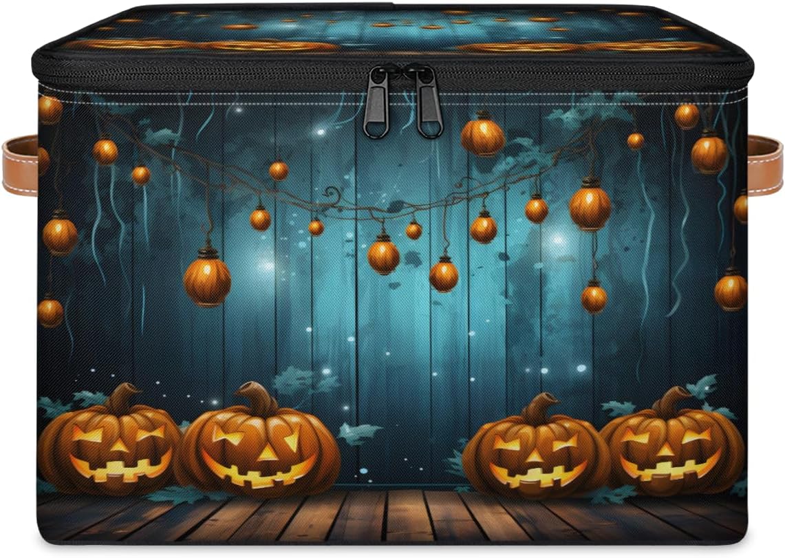 Storage Bin Set of 2 Wooden Pumpkin Light Storage Basket with Zipper Lid & Handle Foldable Closet Shelf 2 Pack Cloth Organizer Basket Cube Bins Clothes Organizer for Bedroom, Nursery