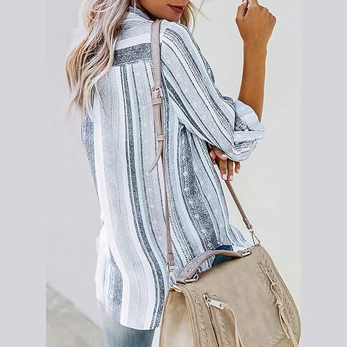 Vista 4 de Women's Striped Button Up Blouse Trendy Business Tops Dressy Soft Cotton Linen Tops Casual Long Sleeve Tops Fall Shirt