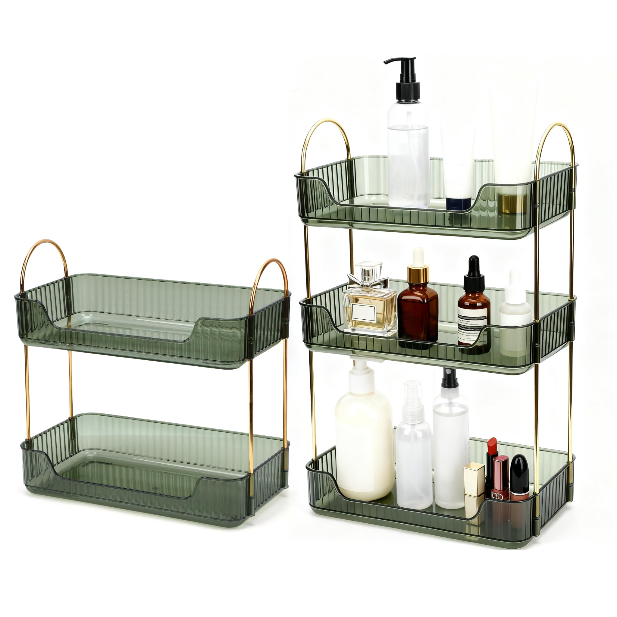 Organiseur de Maquillage en métal Pet à 3 Couches - Rangement modulaire Multifonction avec Accessoires lavables pour Maquillage, Soins de la Peau et Parfum (Vert foncé, Deux Couches)
