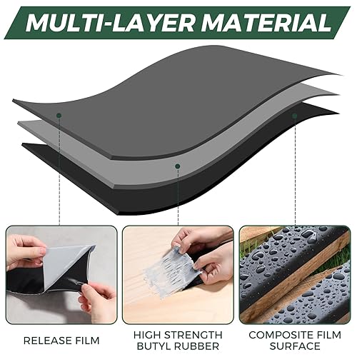 Miniatura 5 de Cinta de butilo sellante impermeable negra de 6 pulgadas x 33 pies para cubiertas, cinta adhesiva de reparación de fugas al aire libre, cinta de