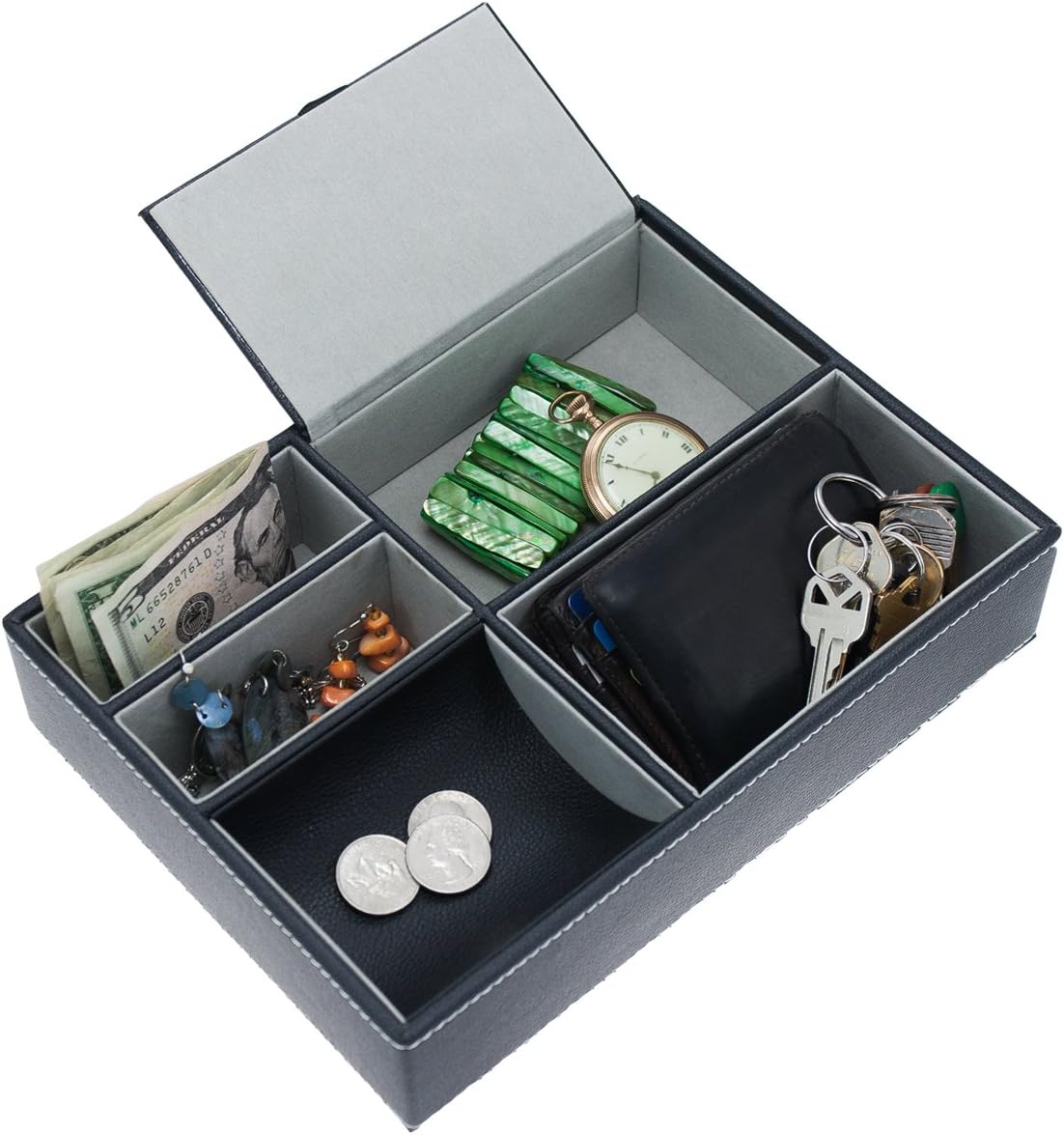 Faux-Leather Valet Tray Felt Compartments Jewelry Wallet Key Coins Storage