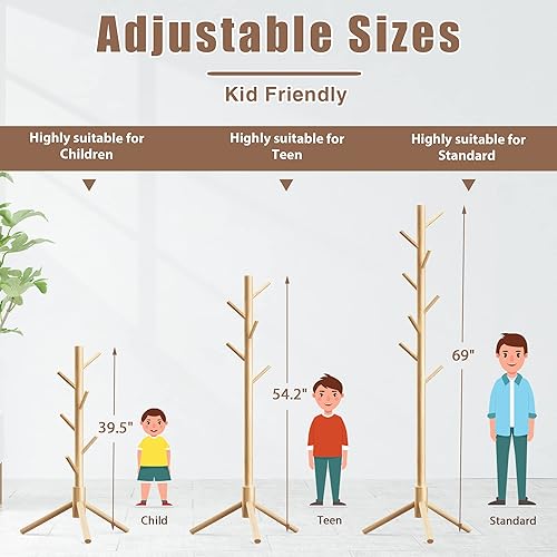 Miniatura 5 de Haddockway Perchero de madera con 8 ganchos, pino de Nueva Zelanda, 3 abrigos ajustables, fácil montaje para abrigos, sombreros, bufandas y bolsos