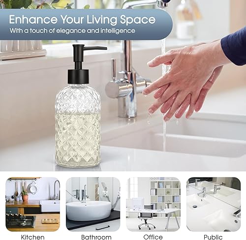 Miniatura 6 de Paquete de 2 dispensadores de jabón de vidrio con bomba de plástico negro, dispensador de jabón líquido de manos de 13 onzas, bomba a prueba de