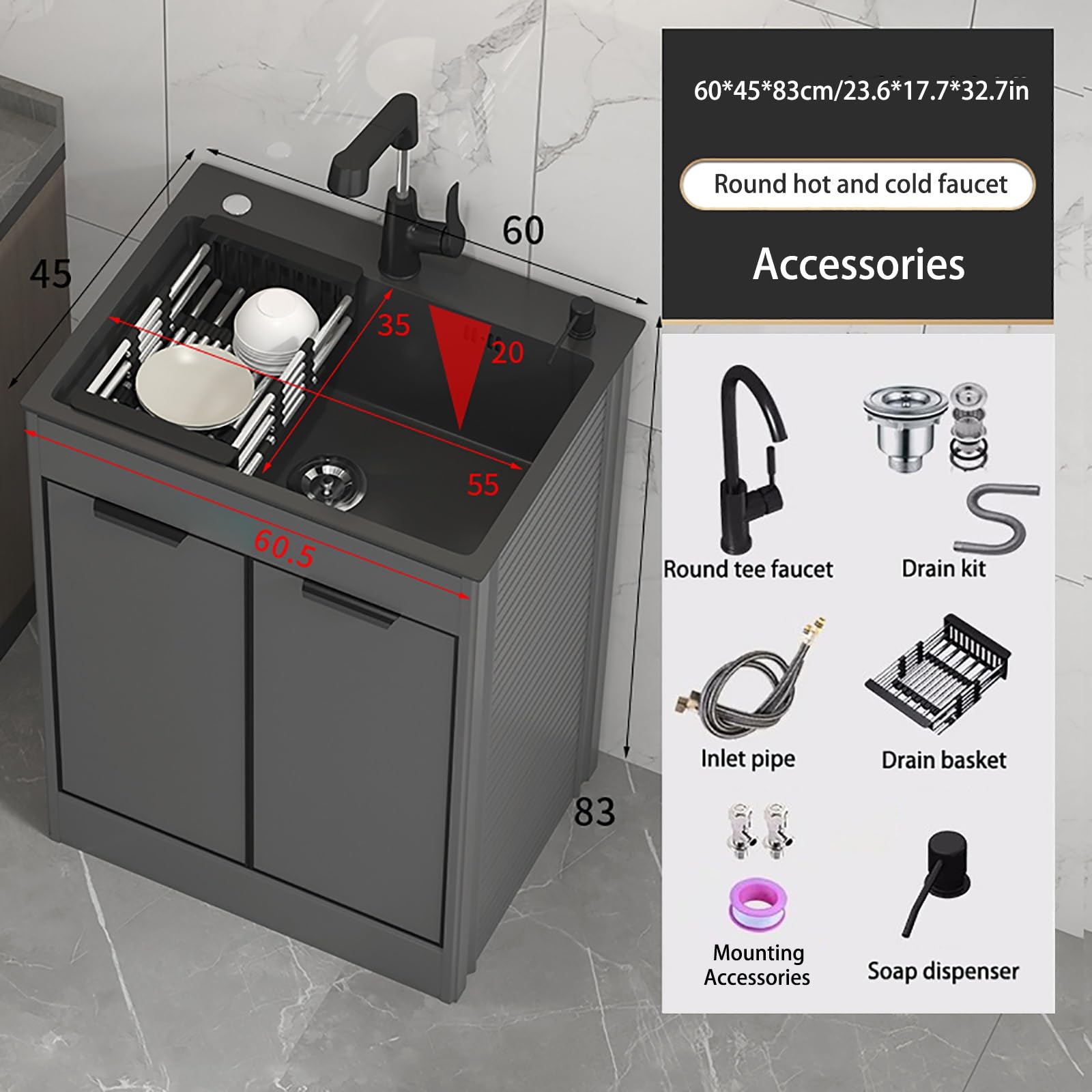 Lavello da Cucina per Ristorante Commerciale con Mobile, Lavandino da Esterno Autoportante, con Rubinetto per Acqua Calda Fredda Distributore di Sapone, per Garage, Ristorante, Cucina, Lavanderia ( Co