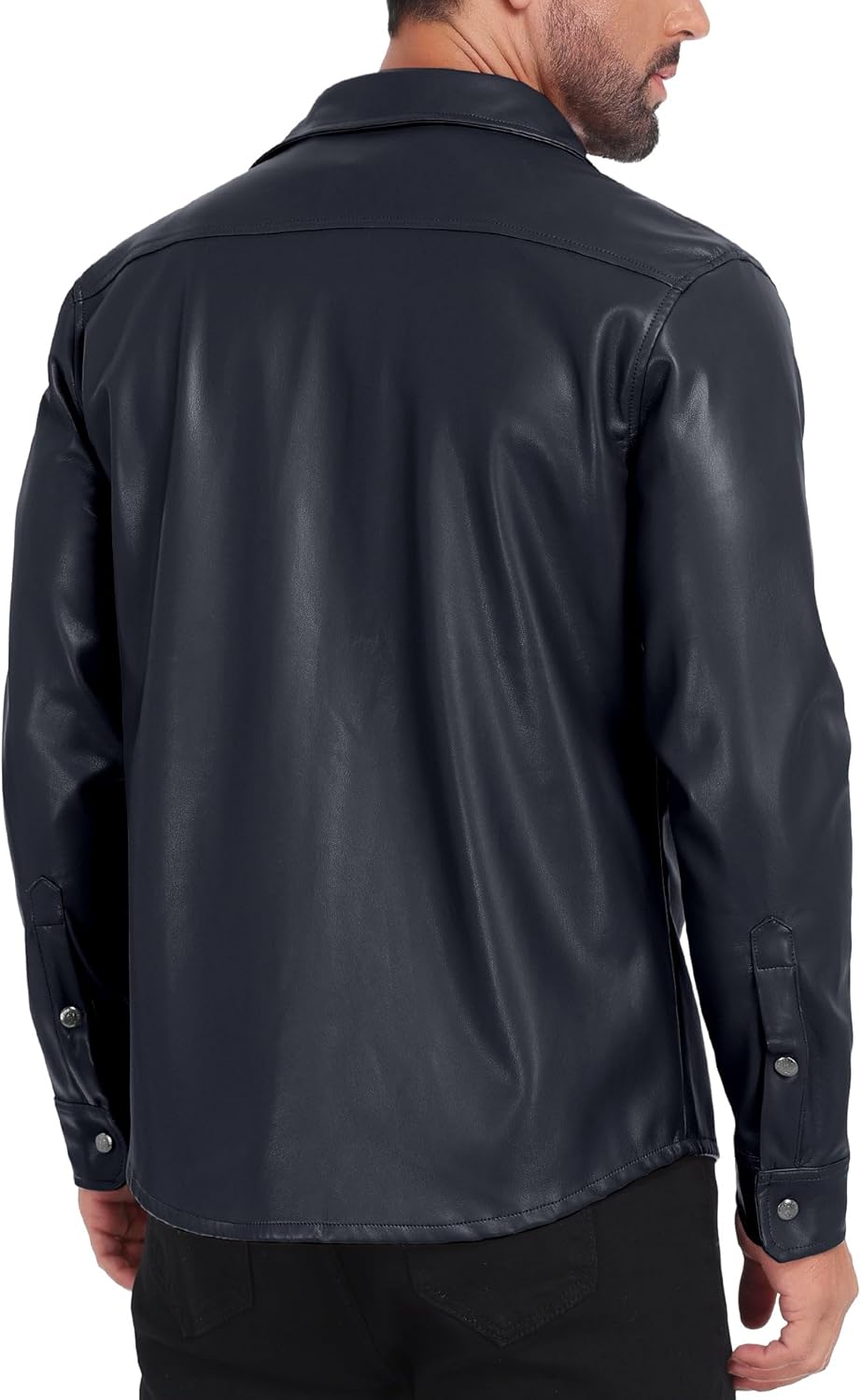 Little Donkey Andy Men's Faux Leather Jacket, Slim Fit Stretch Classic Windbreak Jacket Lapel Collar Button Down Microfleece