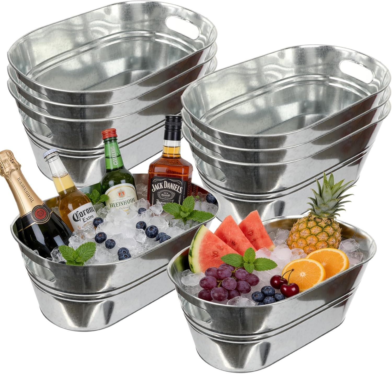 8 Pack Galvanized Tub, Metal Bucket for Drinks 4 Gallon Beverage Tub Large Ice Buckets for Parties Drink Buckets with Carry Handles Tin Bucket for Beer, Cocktail, Wine, Champagne, Fruits