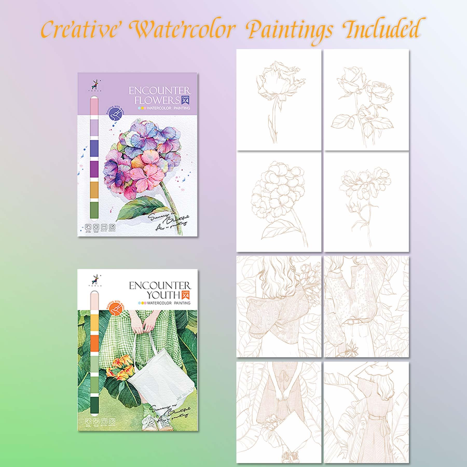 DESINIK Gouache Coloring Books for Adults - 2 Pack, Pocket Mess Free Gouache Painting Kit, Flower&Girl - Image 3