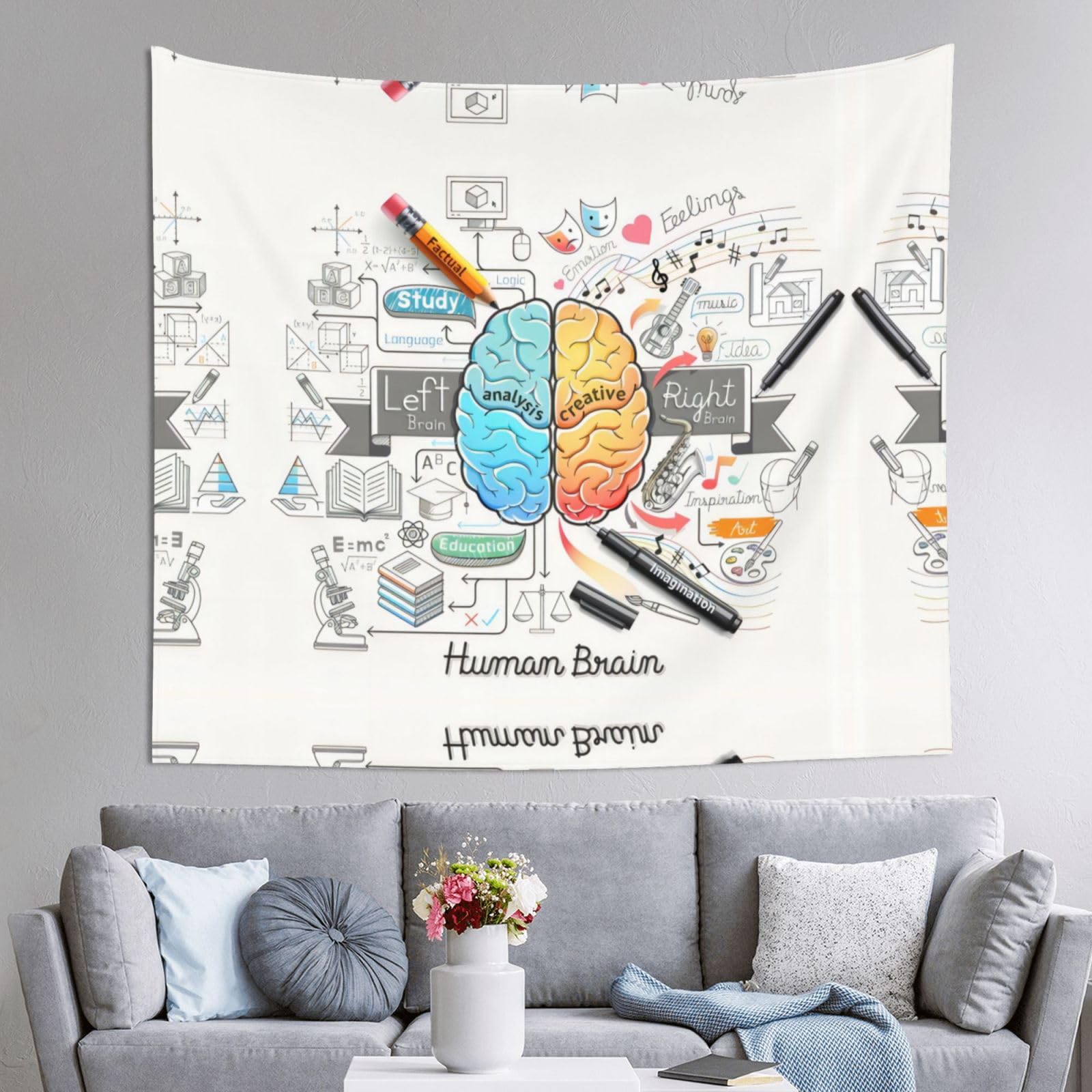 HLSBSSL 60x51in Human Brain Printed Tapestry Tablecloth for Dormitory and Picnic Rooms - Multifunctional Fabric Hanging