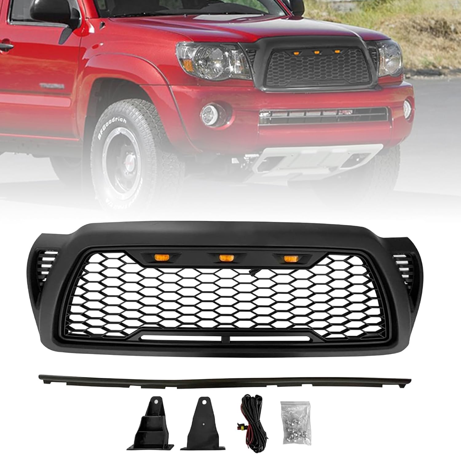 Mesh Grille Compatible For Toyota Tacoma 2005-2011 front ABS grill with 3 LED Lights