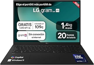 LG gram 17Z90T-G.AD88B Portátil 17 Pulgadas, WQXGA IPS, Intel Core Ultra7, 32GB RAM, 1TB SSD, 1.350 g, Antirreflejo, Batería hasta 20h, Windows 11, Negro