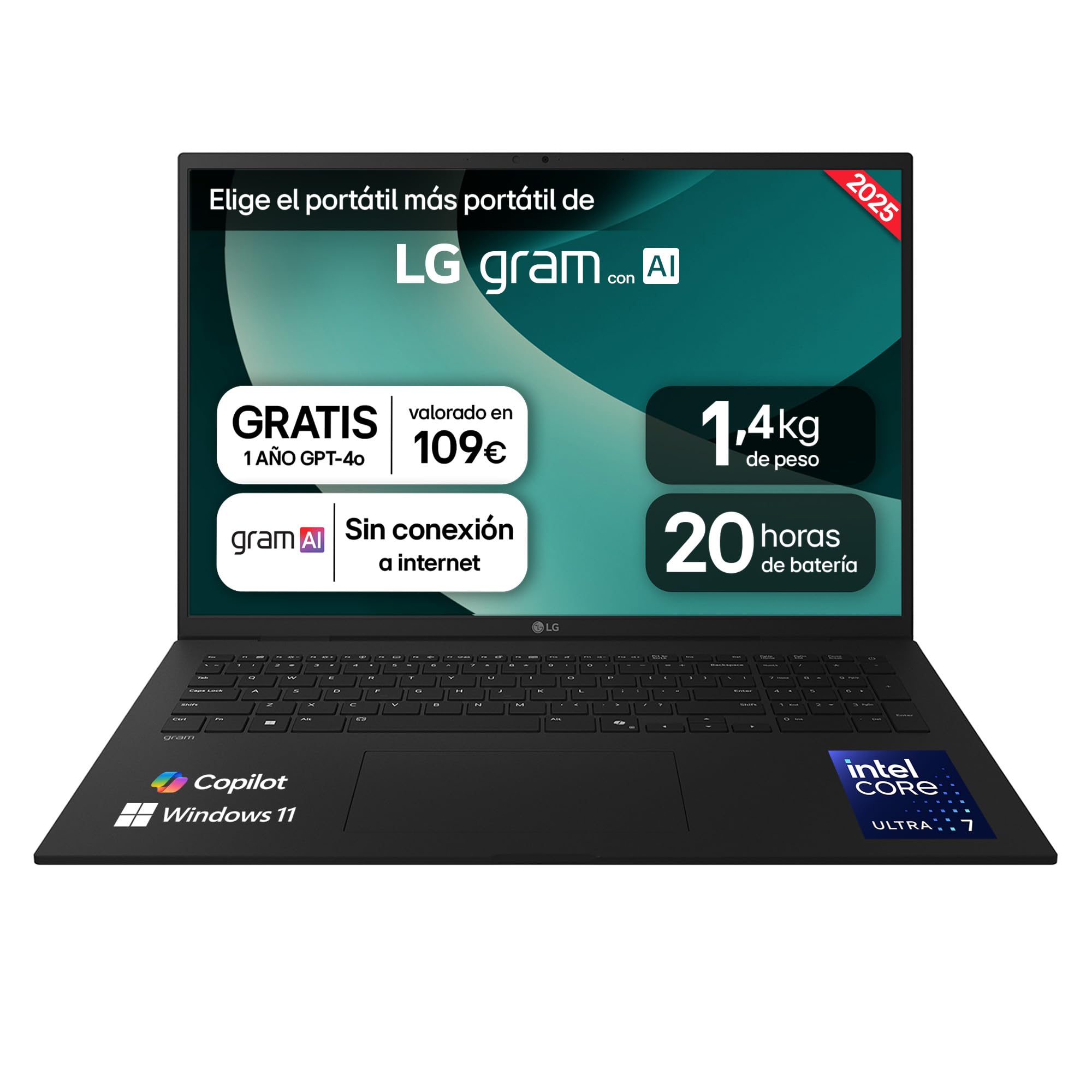 LG gram 17Z90T-G.AD8BB Ordenador Portátil 17 Pulgadas Intel Core Ultra7 255H, 32 GB RAM, 2TB SSD, Panel IPS Antirreflejo, WQXGA, 1.350 g, 20 Horas, Windows 11 Home, Negro, Teclado QWERTY Español