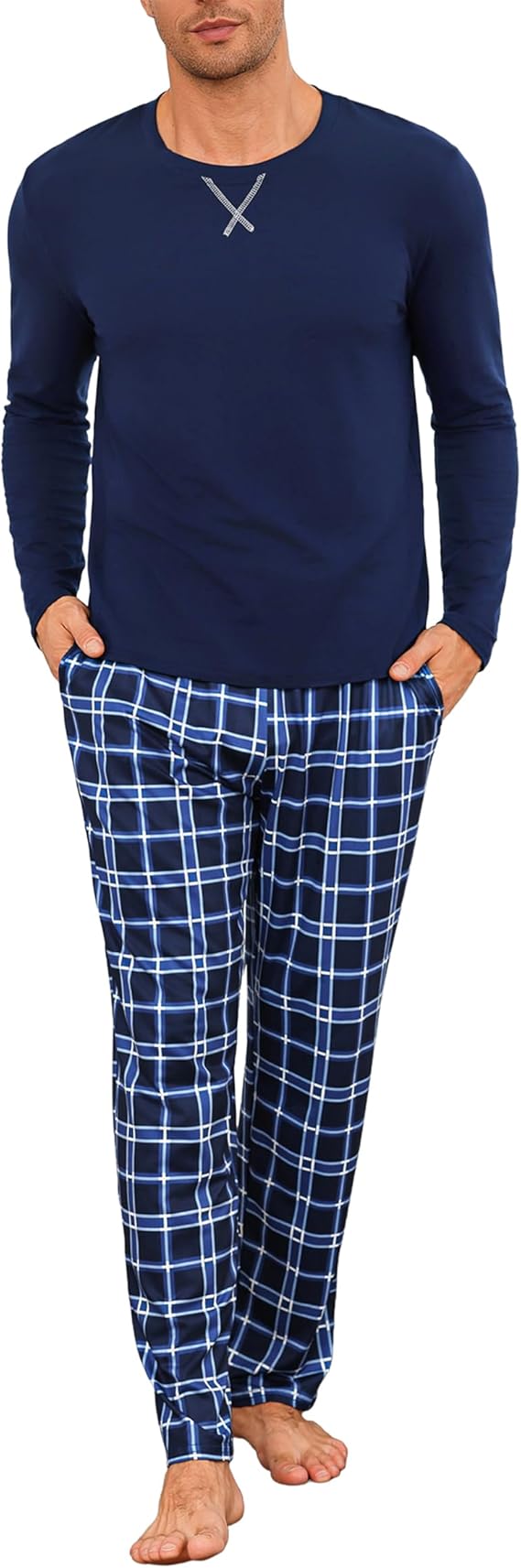 Pijama Hombre Invierno Algodon Manga Larga Conjunto de Pijamas a Cuadros Ropa de Dormir Talla Grande