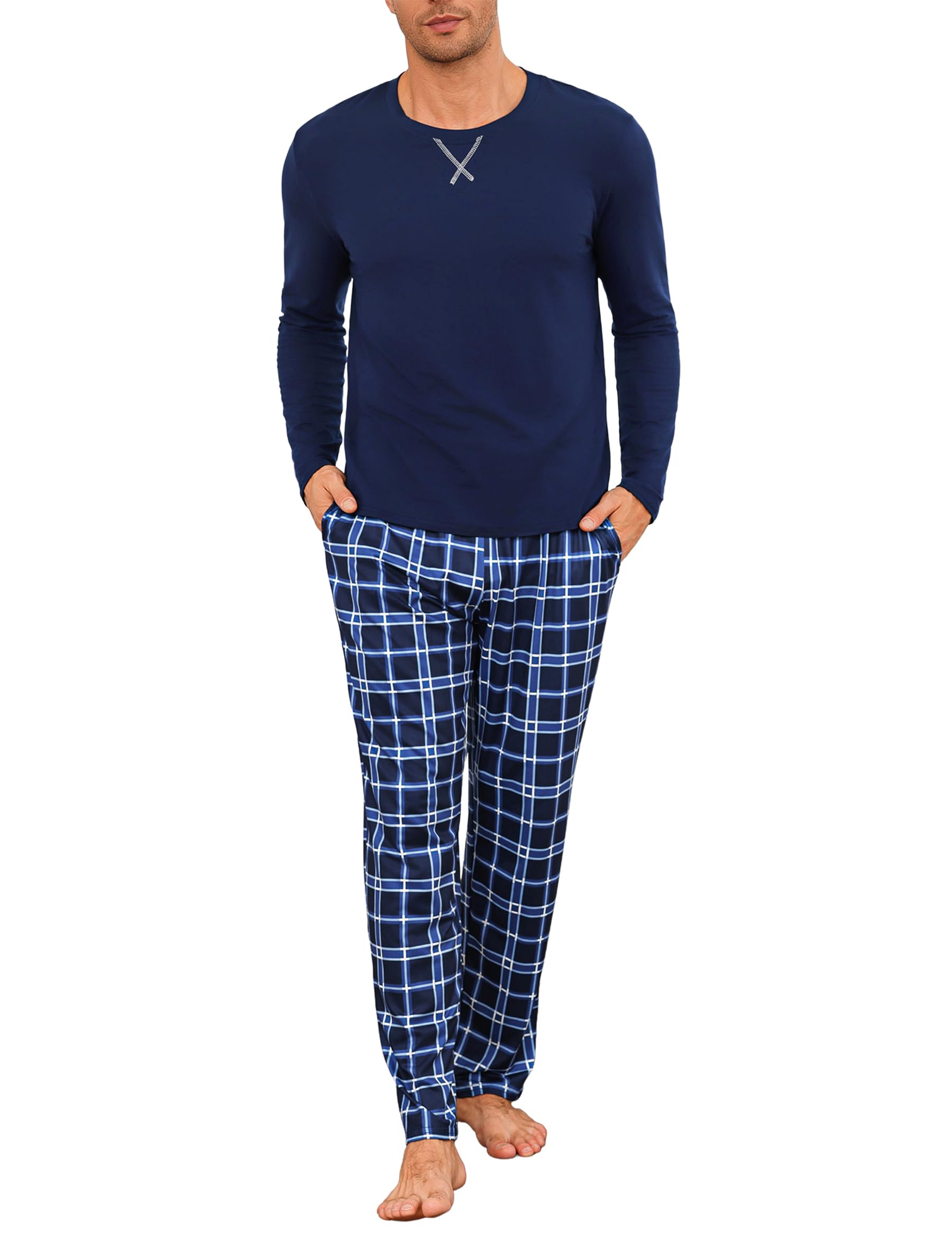 demegimi Men's Long Cotton Pyjamas with Crew Neck and Checked Trousers Loungewear Sleepwear-picture-14