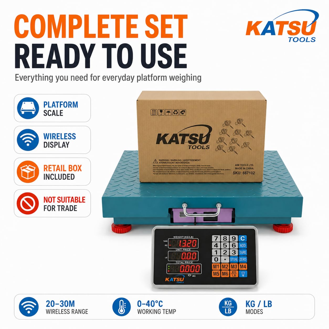 KATSU Industriell Plattformwaage 500kg Elektronische Postwaage LED-Anzeige 50x60cm Rostfrei Stahl