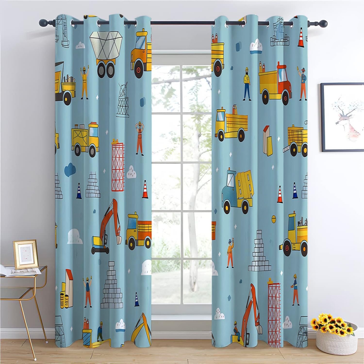 CozyRest Kinder Vorhänge Cartoon -Stil -LKW Ösen Gardinen mit Blickdichte Thermo Vorhang Kälteschutz Blackout Curtain Kinderzimmer Schlafzimmer Ösenvorhang Hellblau H 260 x B140cm x2