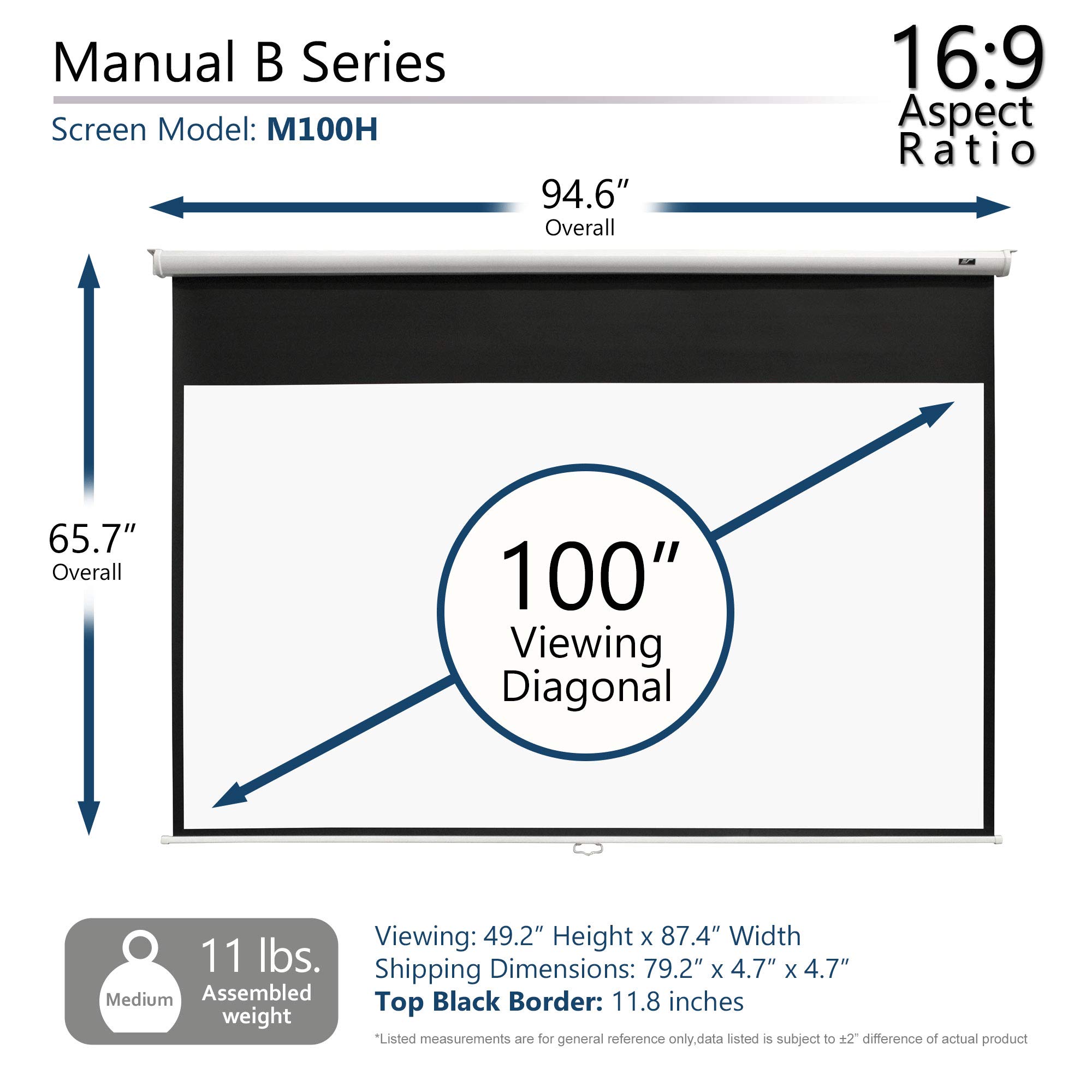 Elite Screens Manual B, 100-INCH Manual Pull Down Projector Screen Diagonal 16:9 Diag 4K 8K 3D Ultra HDR HD Ready Home Theater Movie Office Presentation, M100H