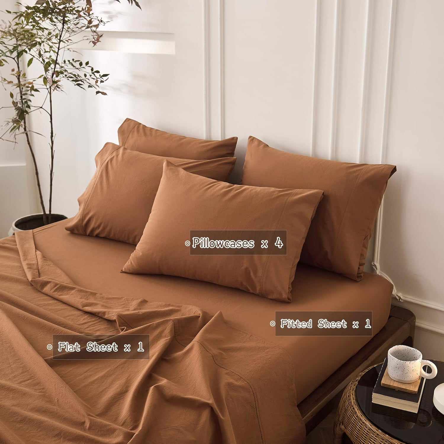 BDEAR 6PS Deep Orange King Size Bedding Sets Linen Like Cotton Bed Set Oeko-TEX Standard 100% Washed Cotton Deep Pocket King Size Fitted Sheet Plus Cozy Flat Sheet and 4 Pillowcases