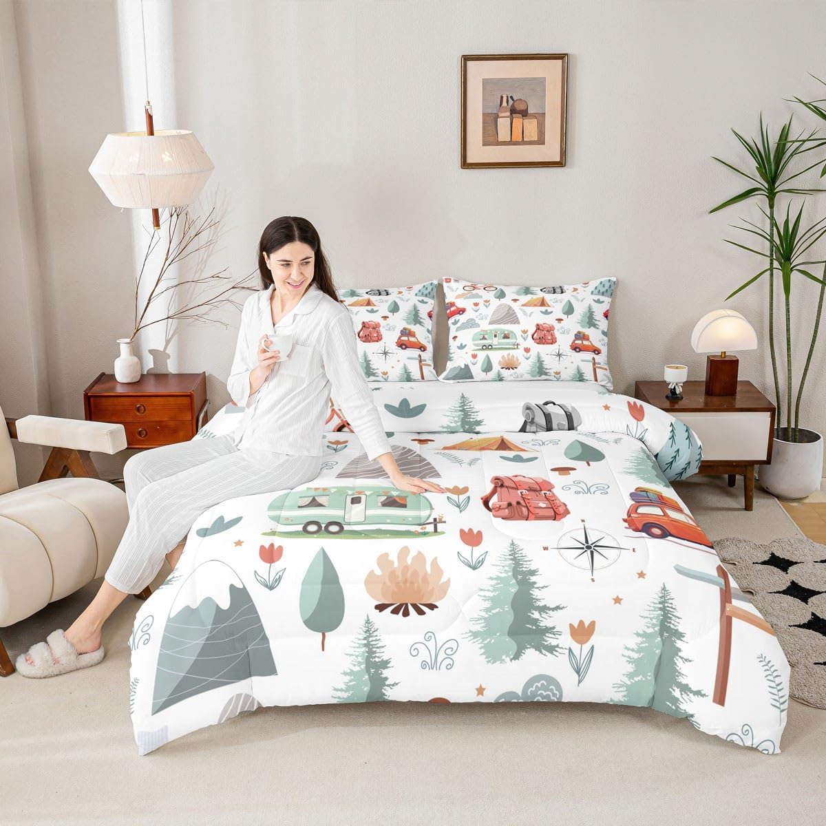 YST 7 Pcs Comforter Set Queen Size, Camper Bed In A Bag With Flat Sheet Fitted Sheet Rv Decorations Inside Camper Happy Camping Bedding Set Pillowcases Shams Bl