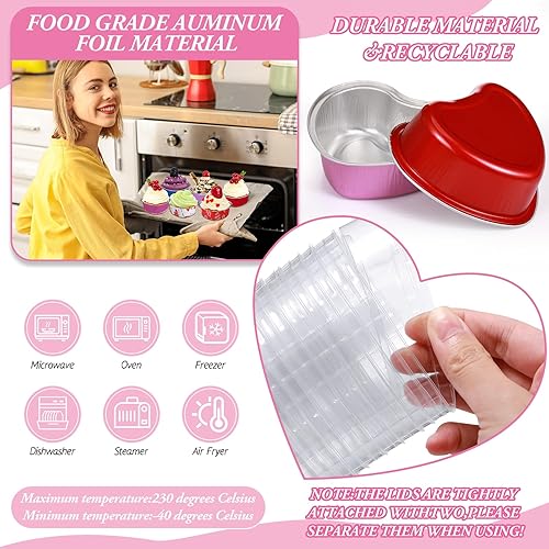Miniatura 4 de Juego de 100 moldes para tartas en forma de corazón de 3.4 onzas con tapas de aluminio, mini moldes desechables para tartas, moldes para hornear con