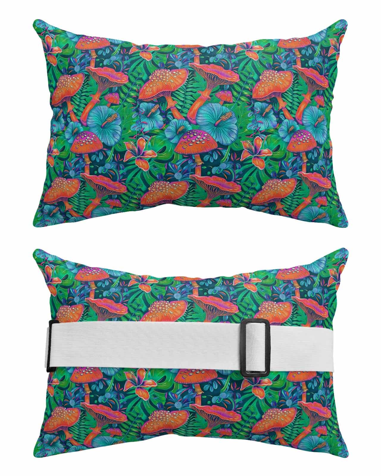 Outdoor Pillows Covers with Inserts Red Mushroom Blue Flowers Green Plants Watercolor Waterproof Pillow with Adjustable Strap Throw Pillows for Patio Furniture Pool Lounge Chair, 12x20 Inch, 2PCS