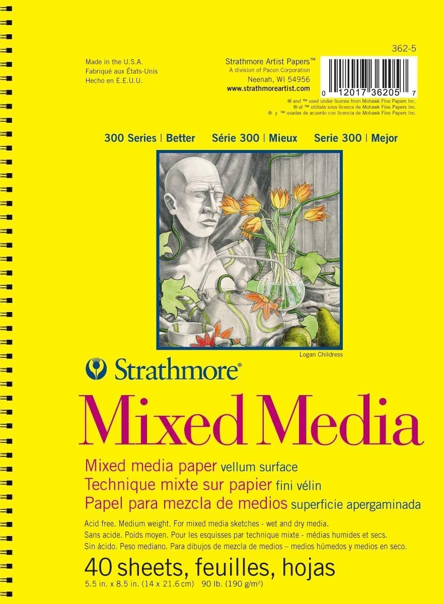 Strathmore 300 Series Wire Bound Mixed Media Pad, 90 lb. Vellum Paper, 9 X 12 inches, White, 40 Sheets (362-9)