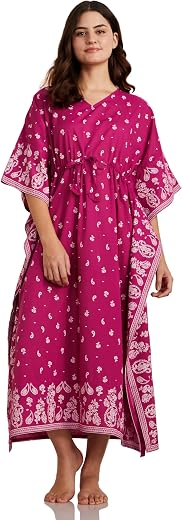 Amazon Brand - Myx Women Cotton Maxi Length Kaftan Nightdress |Casual | Loose Fit (Available in Plus Sizes)