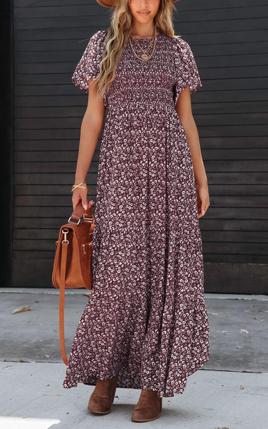 PRETTYGARDEN Women's 2026 Spring Casual Flutter Short Sleeve Boho Floral Maxi Dress Crew Neck Smocked Tiered Long Dresses - Image 4