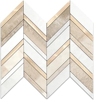 Yipscazo 10-Sheet Herringbone Backsplash Peel and Stick Tile, Beige Mixed Gray Stone Mixed Metal Gold PVC Stick on Backsplash for Kitchen, Waterproof Self Adhesive Wall Tiles for Bathroom