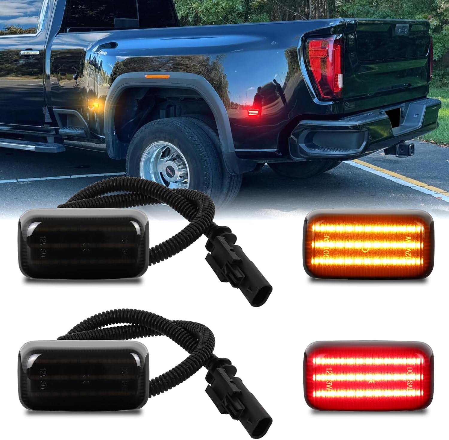 LED Dually Fender Side Marker Lights For 2015-2025 Chevy Silverado GMC Sierra 2500HD 3500HD 3-rows Amber & Red Dual Rear Wheel Truck Bed Marker Lamps, Smoked Lens 4PCS