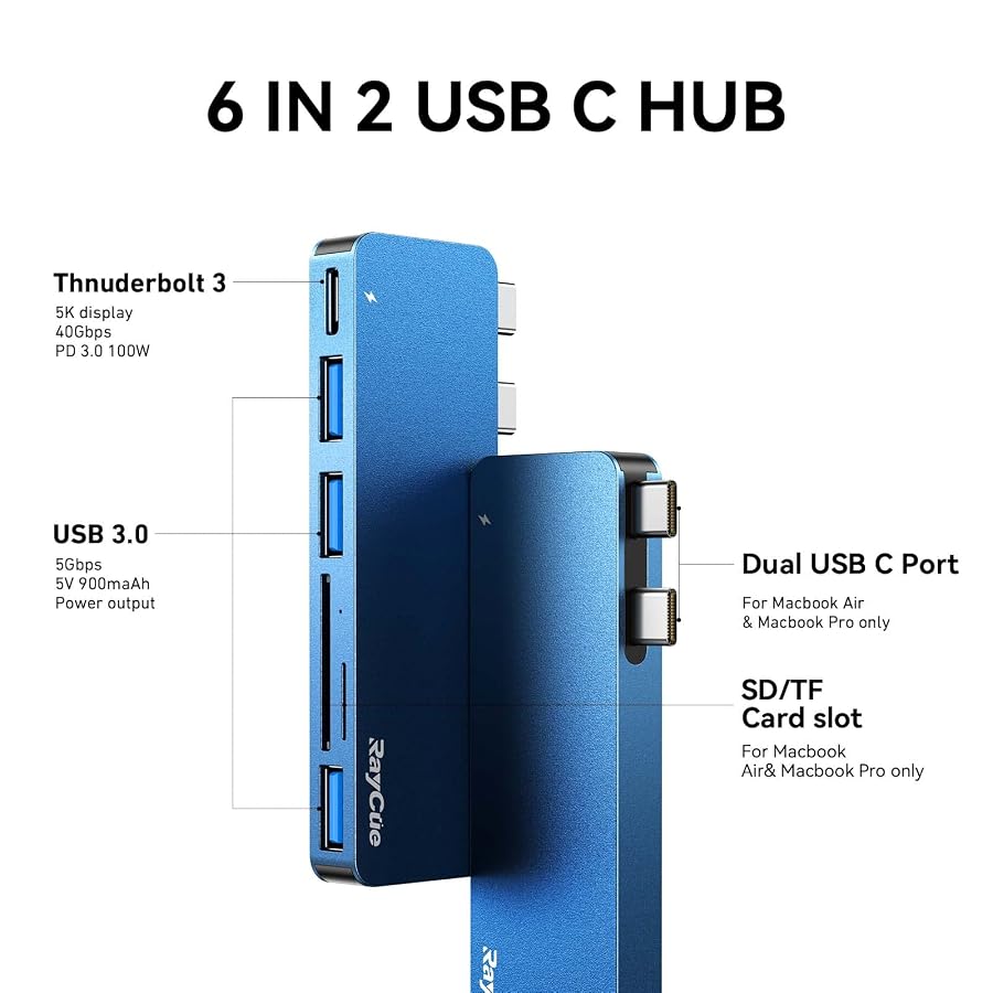 RayCue USB C Hub Adapters for MacBook Pro/MacBook Air M1 M2 M3 2023 2022 2021 2020 2019 13" 14" 15" 16", 6-in-2 Multiport MacBook Adapter with Thunderbolt 3, 3 USB 3.0 Ports, SD/TF Card Reader - image 2