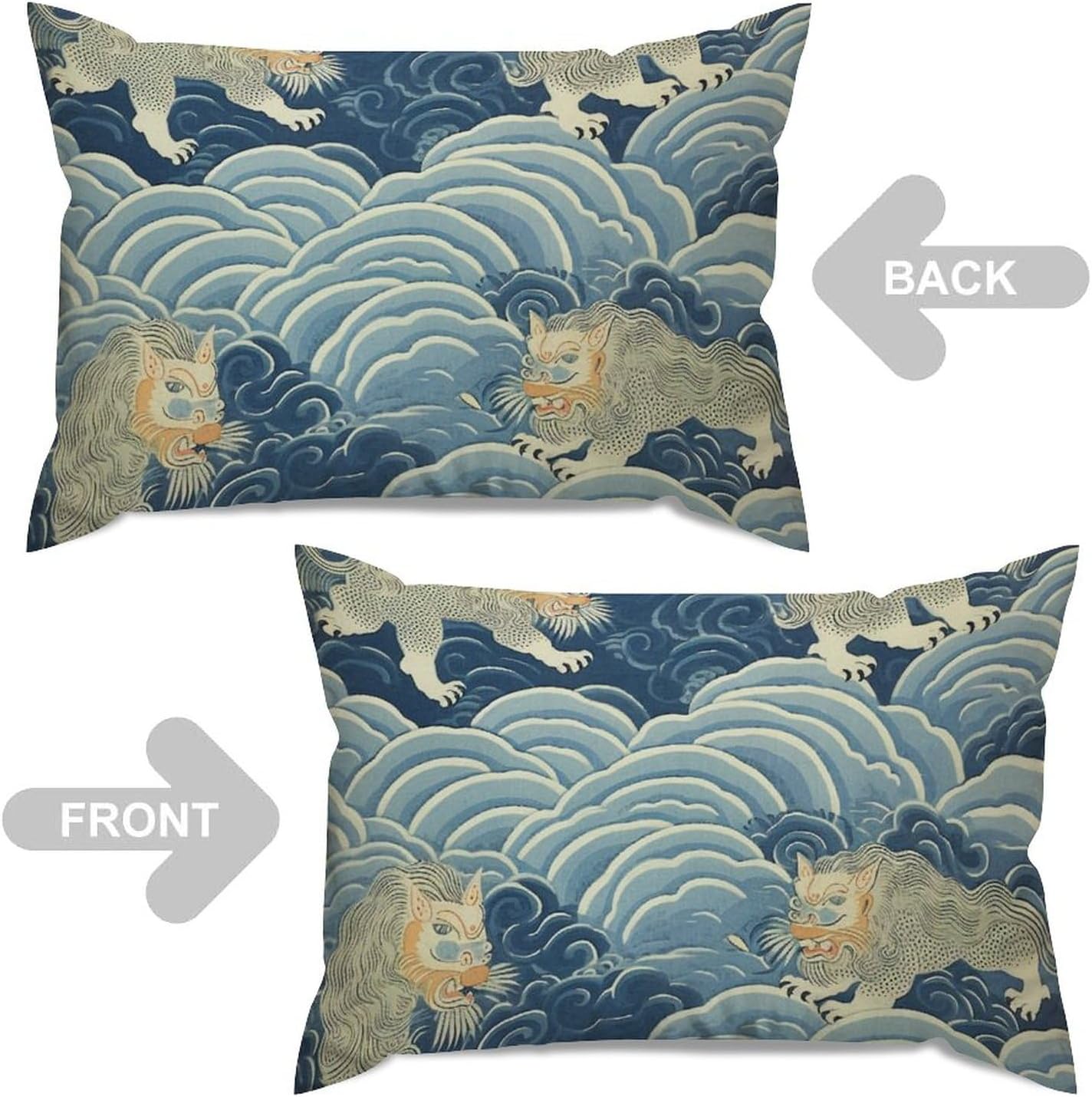 Chinoiserie Throw Pillow Case Blue Tibet Tiger Lumbar Cushion Cover Set of 2 Chinese Style Decorative Pillow Home Cotton Linen 20x30in Ethnic Square Cushion Cover for Sofa Bedroom Car