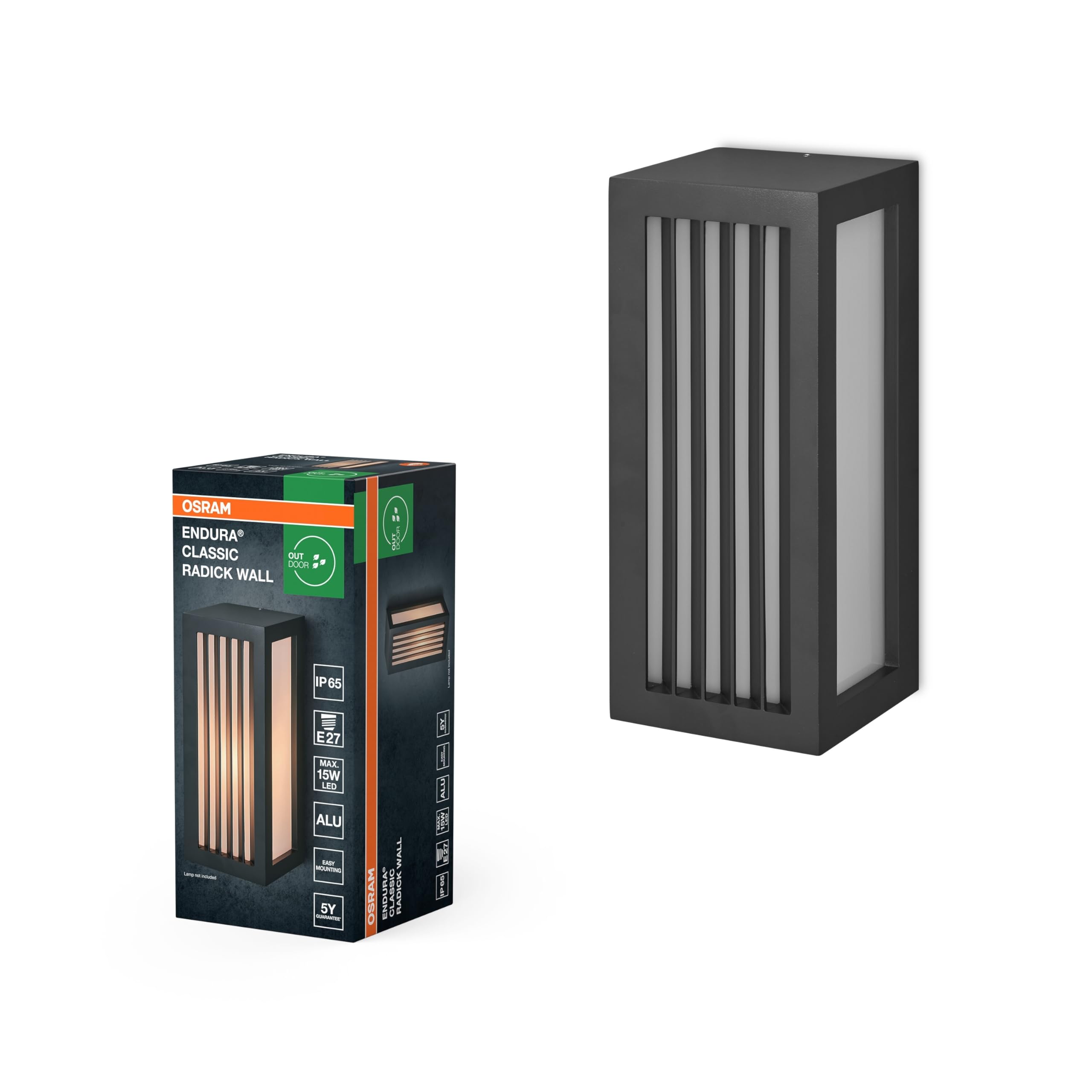 OSRAM Lampa zewnętrzna ENDURA CLASSIC RADICK W, oświetlenie ścienne, oprawka E27, ciemnoszara, aluminium, szybki i prosty montaż, matowy dyfuzor, stopień ochrony IP65, do użytku zewnętrznego