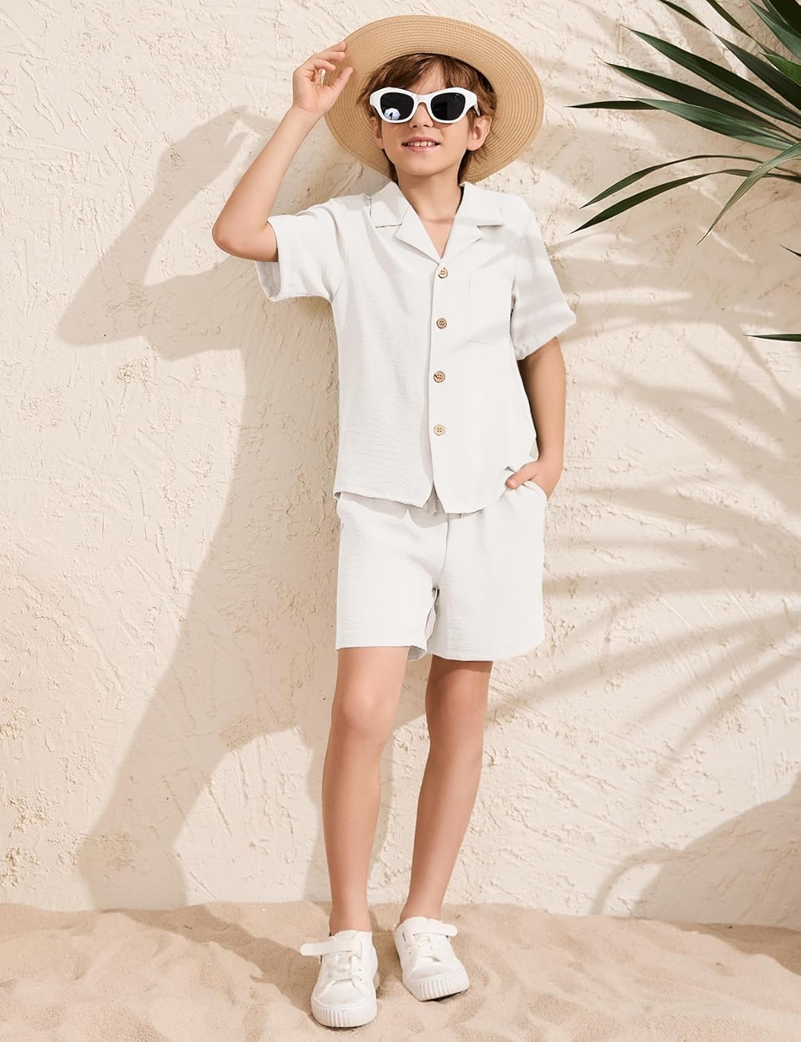 Flygo Boys Summer 2 Piece Beach Outfits Casual Short Sleeve Button Down Shirts and Shorts Vacation Outfit Textured Sets - Image 4