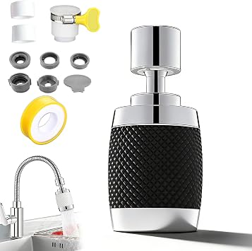 Splash Proof Booster Swivel Kitchen Filter Tap, 360 Rotating Faucet Aerator with 3 Water Flow Modes, Universal Adapter, Easy Installation for Kitchen & Bathroom Use Black*1,Short