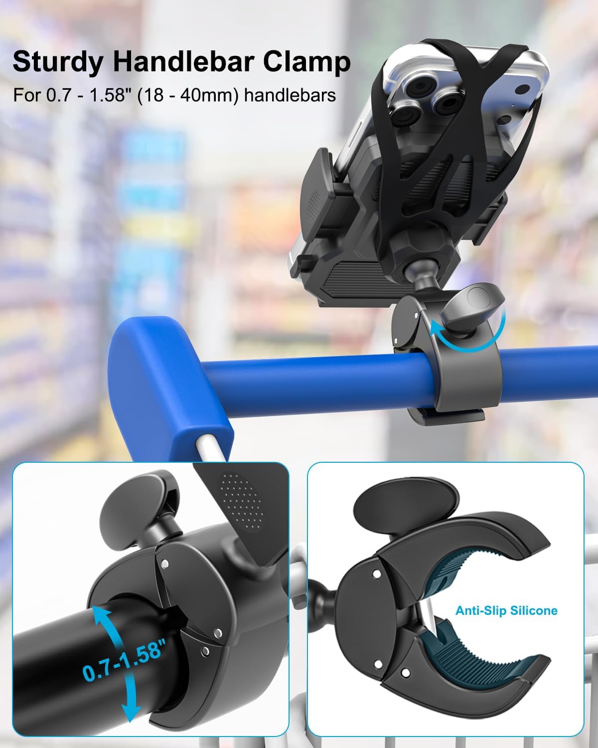 Shopping Cart Phone Holder, [Anti Shake Silicone Strap] Grocery Cart Phone Mount, 360° Rotation Carts Handlebar Cellphone Clamp for List, Coupon, Delivery App, Fits iPhone, Galaxy, 4-7" Phones